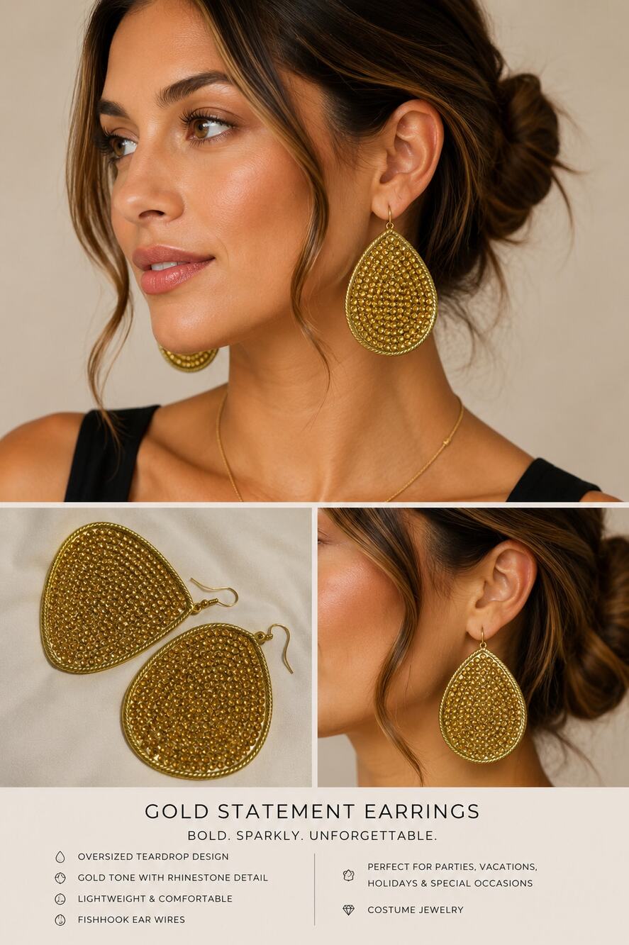 Gold Sparkly Teardrop Statement Earrings Oversized Costume Jewelry